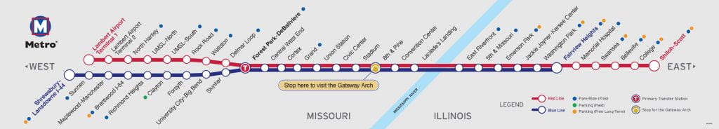 MetroLink map of the red and blue lines in relation to St. Louis stops and landmarks.